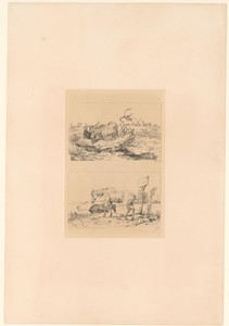 Landschap met ezel en ezelsveulen en een voorstelling met paarden
