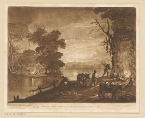 Landschap met figuren aan een oever die een vuur ontsteken
