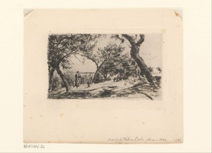 Landschap met figuren aan een tafel en een vrouw met kinderen