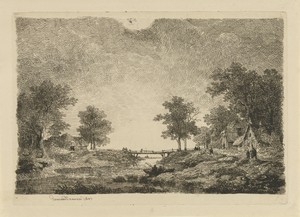 Landschap met figuren bij een brug