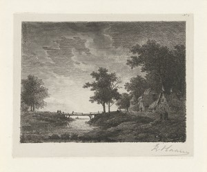 Landschap met figuren bij een brug