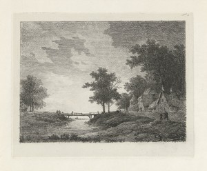 Landschap met figuren bij een brug
