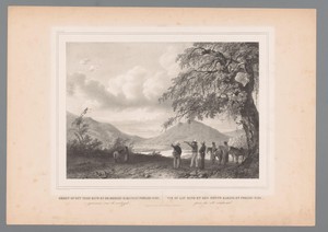 Landschap met figuren bij een meer en de vulkanen Gunung Karang en Pulosari