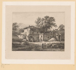 Landschap met figuren bij een ommuurd gebouw