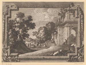 Landschap met figuren bij een poort of boog