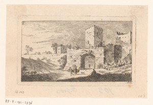 Landschap met figuren bij een stadspoort