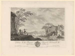 Landschap met figuren bij huizen aan het water