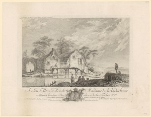 Landschap met figuren bij huizen en een poort aan een oever