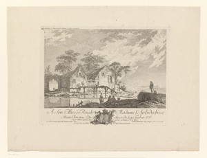 Landschap met figuren bij huizen en een poort aan een oever