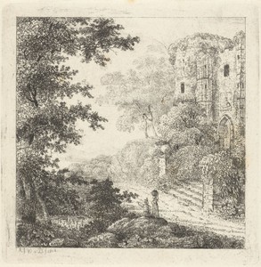 Landschap met figuren bij ruïne van kasteel