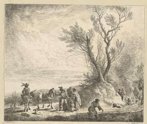 Landschap met figuren die koken bij de oever van een rivier
