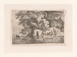 Landschap met figuren en een ezel in een boot op het water