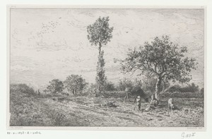 Landschap met figuren en een koe langs een pad