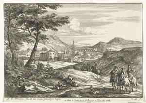 Landschap met figuren en stad