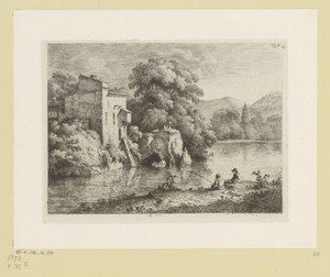Landschap met figuren langs de rivier de Ain