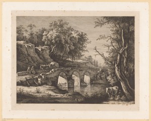 Landschap met figuren op een stenen brug