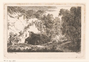 Landschap met figuren voor een grot