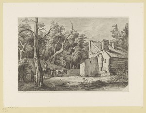 Landschap met figuren voor een huis aan de rand van een bos