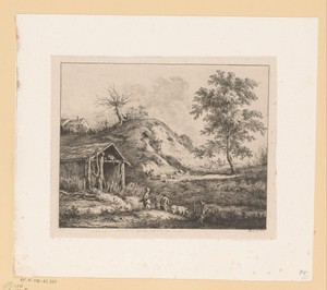Landschap met figuren voor een hut