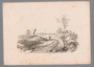 Landschap met figuur met een wandelstok op een landweg
