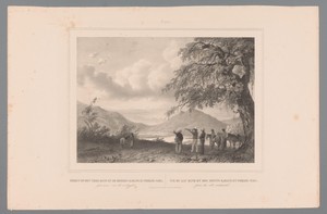 Landschap met fiugren bij een meer en de vulkanen Gunung Karang en Pulosari