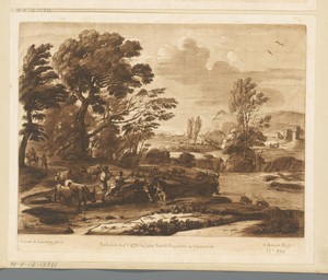 Landschap met fluitspelende herder en herderin die waterkan vult