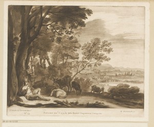 Landschap met fluitspelende herder onder boom en zes stuks vee