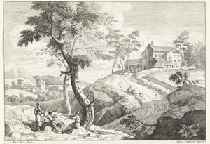 Landschap met fluitspelers bij boom
