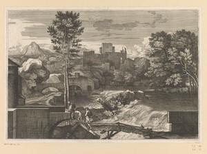 Landschap met gebouwen en twee figuren op een brug