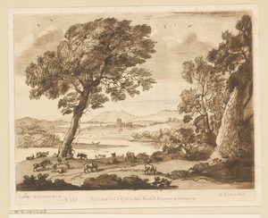Landschap met geiten en fluitspelende herder bij een meer