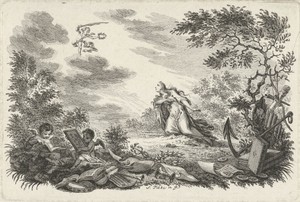 Landschap met geknielde vrouw en putti