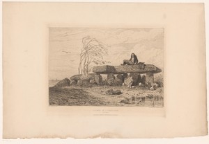 Landschap met gestapelde rotsblokken en rustende man