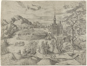 Landschap met gezelschap dat in een boot stapt