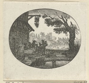 Landschap met gezelschap voor een tafel