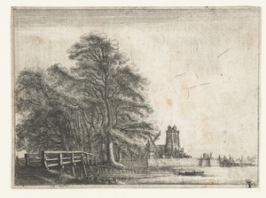 Landschap met gezicht op Dordrecht rechts