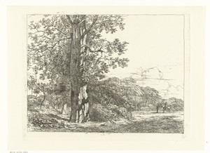 Landschap met grote beukeboom en ruiter in gesprek met man