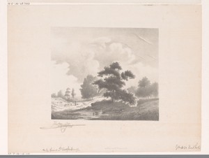 Landschap met grote boom en herder