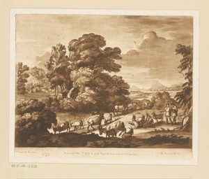 Landschap met grote boom en twee herders met vee