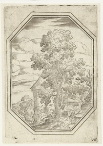 Landschap met grote boom in octagonaal kader