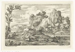 Landschap met grote rots bij een rivier