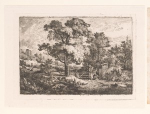Landschap met hekwerk en herders met vee