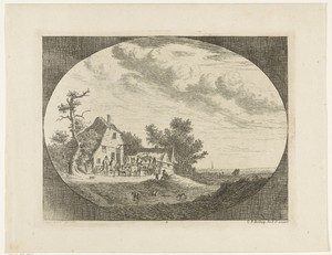 Landschap met herberg en rustende paarden en wagens en ruiters