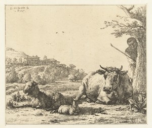 Landschap met herder achter boom en liggende koe met schaap en lam
