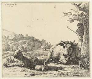 Landschap met herder achter een boom en liggende koe met schaap en lam