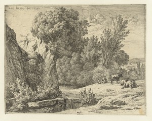 Landschap met herder en drie koeien