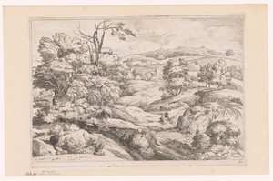 Landschap met herder en herderin bij hun kudde schapen