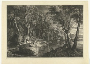 Landschap met herder en kudde schapen bij water