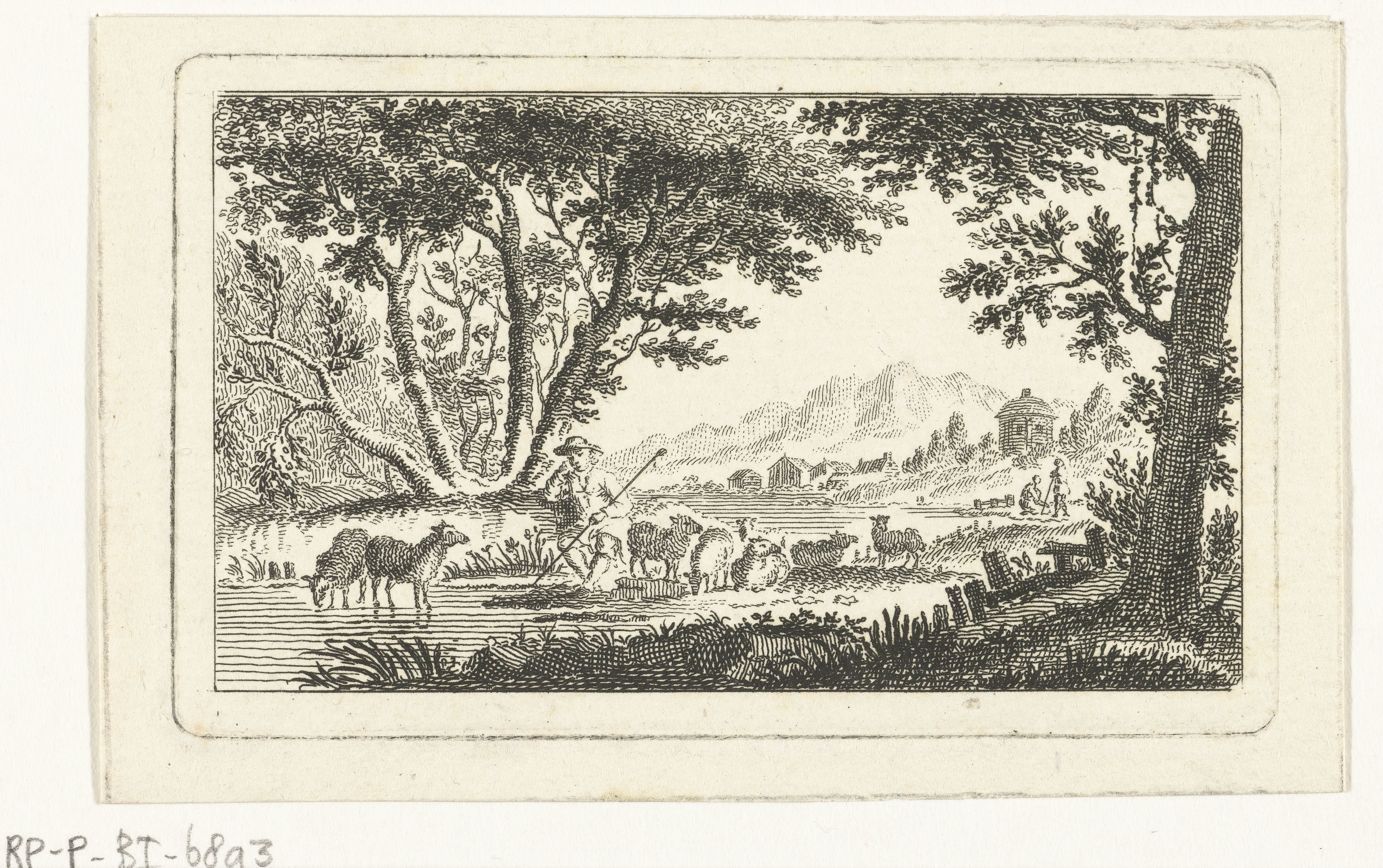 Landschap met herder en kudde schapen by Abraham Delfos