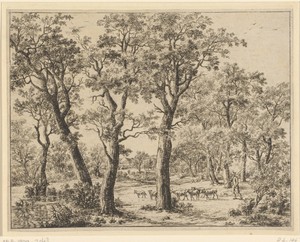 Landschap met herder en schapen bij een water
