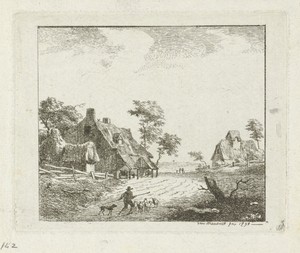 Landschap met herder en schapen bij twee boerderijen